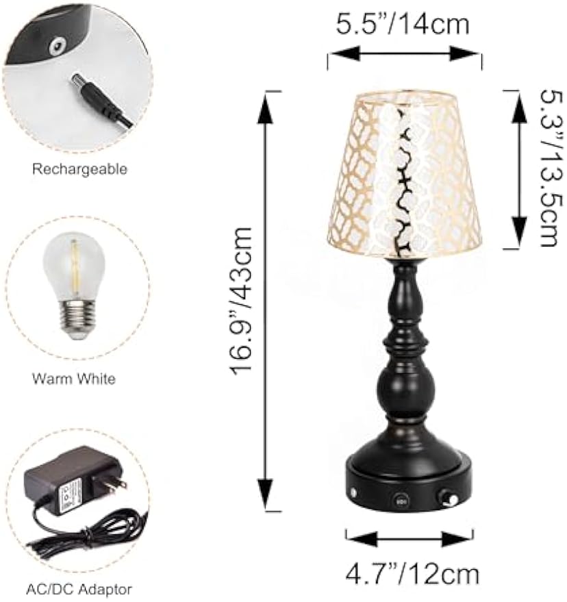 Kiven Cordless Table Lamp,Dimmable Rustic Farmhouse Bedside Desk Lamps with Metal Lampshade,2700K Warm White, Rechargeable Nightstand Lamp for Office Home Decor Bedside DZ0469