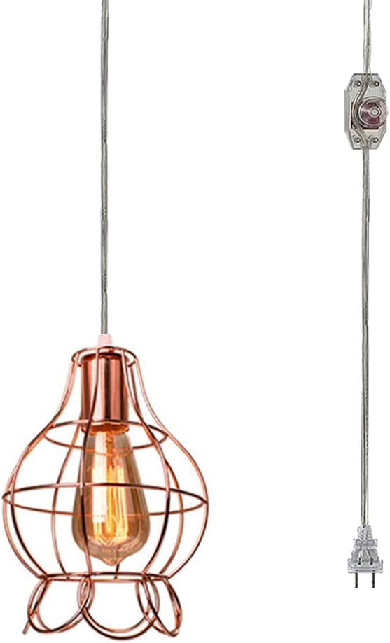 Kiven Dimmable Swag Rose Gold Pendant Light with Adjustable Height, 20ft Plug - In Cord, E26 Base, No Wiring Needed for Dining/Living Room