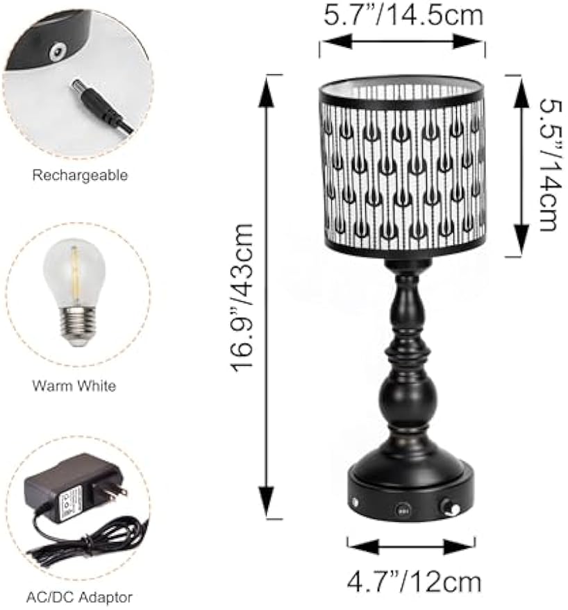 Kiven Cordless Table Lamp,Dimmable Rustic Farmhouse Bedside Desk Lamps with Metal Lampshade,2700K Warm White, Rechargeable Nightstand Lamp for Office Home Decor Bedside DZ0477-B