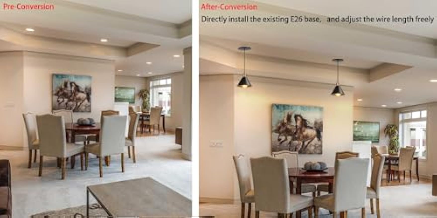 Kiven E26 pendant lights: Before/after conversion, adjustable wire. Vintage style ceiling lights replacing recessed lights.