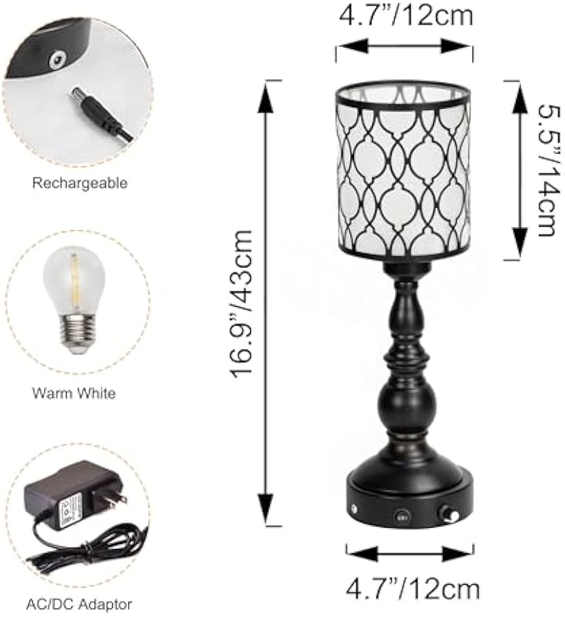 Kiven Cordless Table Lamp,Dimmable Rustic Farmhouse Bedside Desk Lamps with Metal Lampshade,2700K Warm White, Rechargeable Nightstand Lamp for Office Home Decor Bedside DZ0484