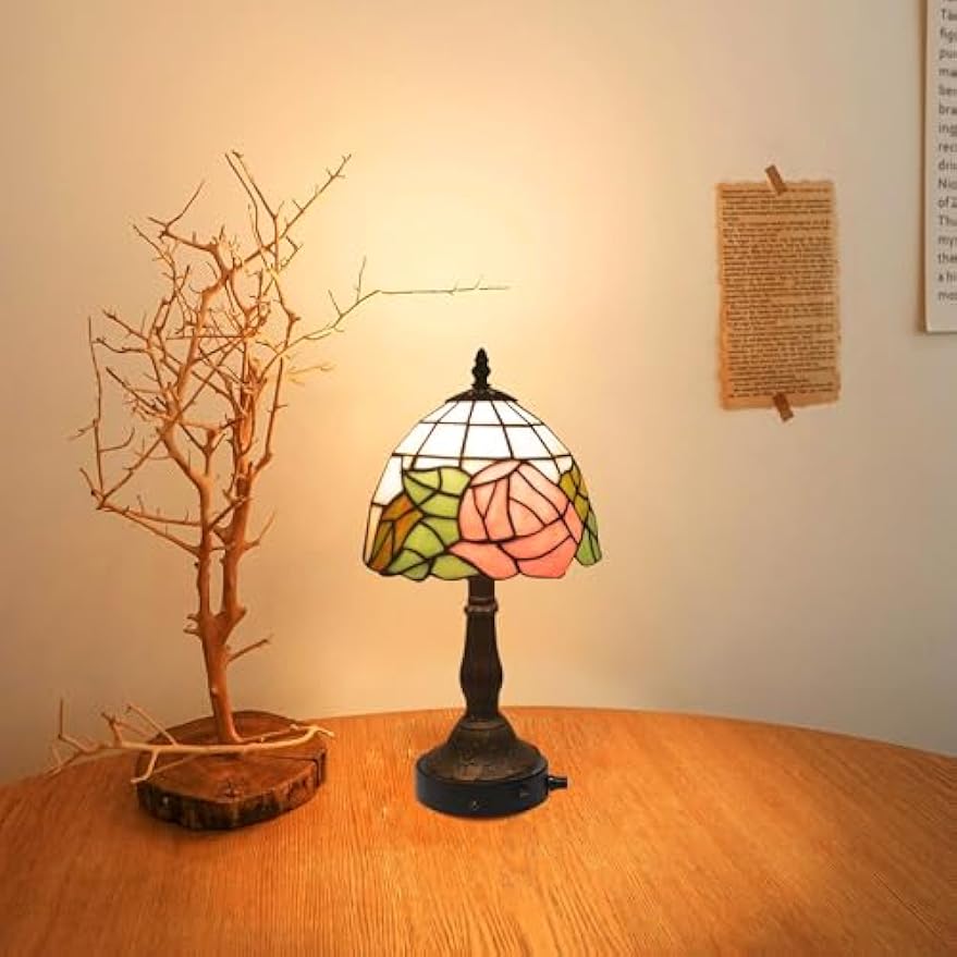 Kiven Cordless Table Lamp,1-Light Dimmable Bedside Lamps for Nightstand with Pink Glass Lampshade, Tiffany-Style Rechargeable Desk Lamp for Reading Home Decor Bedside TD0767