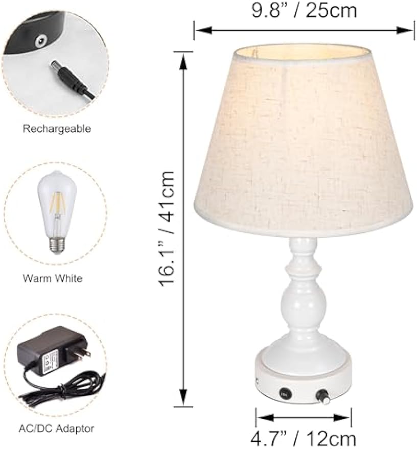 Kiven Cordless Table Lamp,White Dimmable Rustic Farmhouse Bedside Desk Lamps with Fabric Lampshade,2700K Warm White, 1-Light Rechargeable Nightstand Lamp for Office Home Decor Bedside B2CDTD3