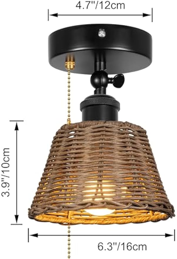Kiven 12V rattan ceiling light, ideal for RV. Woven shade, black base, Braunes Dimmbar Deckenleuchte with labeled dimensions.