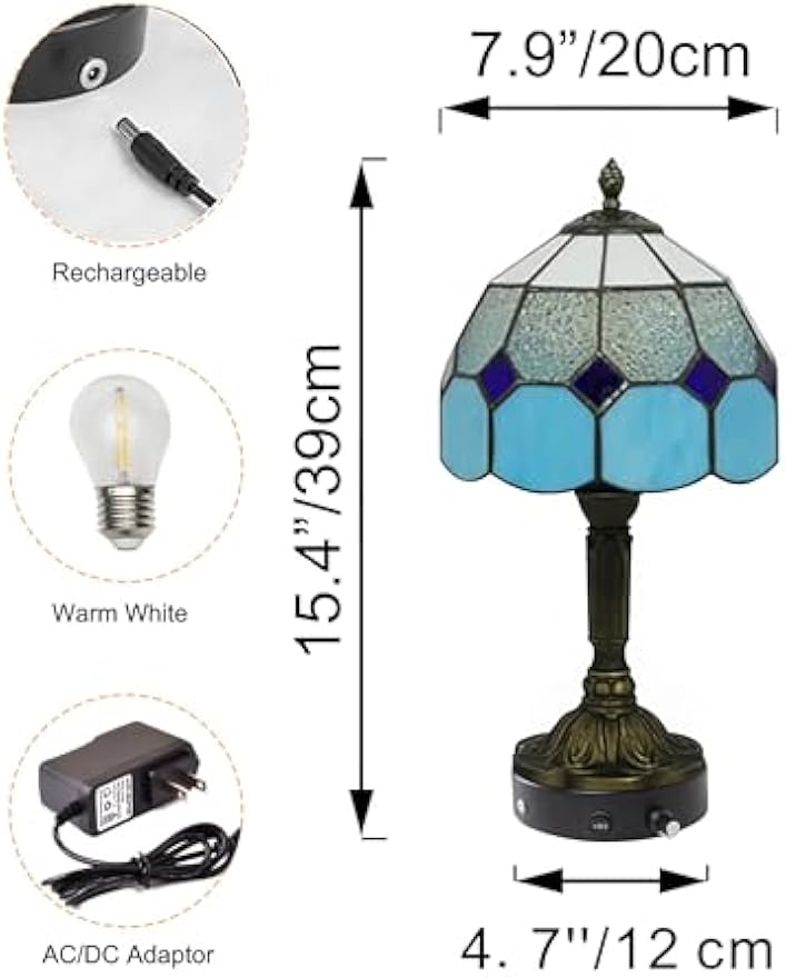 Kiven Cordless Table Lamp,1-Light Dimmable Bedside Lamps for Nightstand with Glass Lampshade, Cordless Tiffany Lamp for Reading Home Decor Bedside TD0893