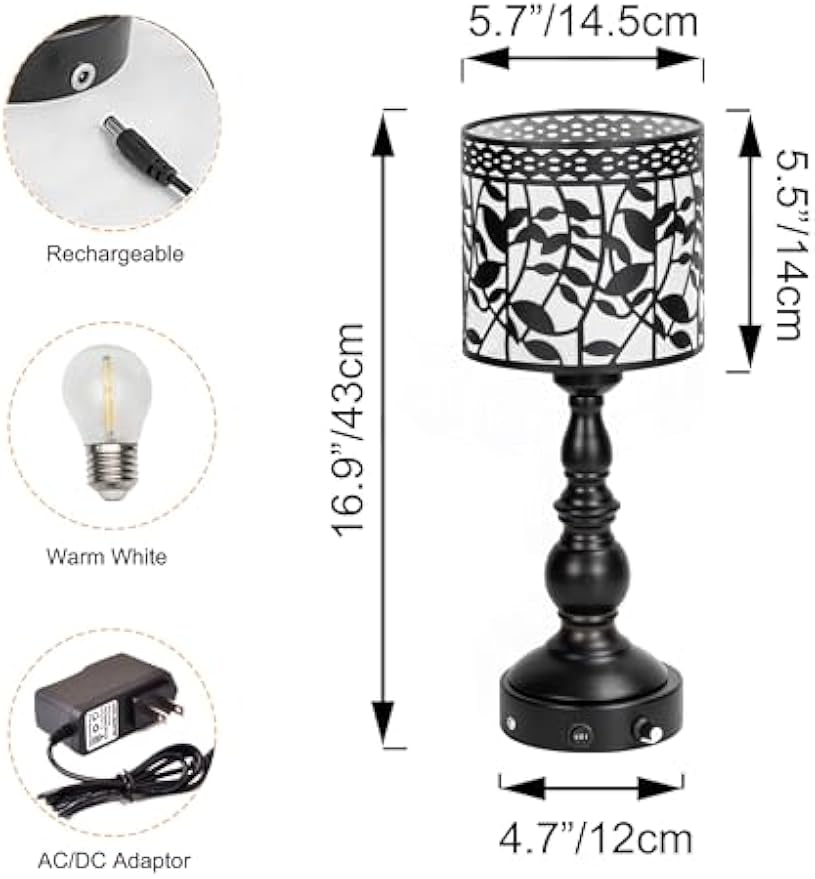 Kiven Cordless Table Lamp,Dimmable Rustic Farmhouse Bedside Desk Lamps with Metal Lampshade,2700K Warm White, Rechargeable Nightstand Lamp for Office Home Decor Bedside DZ0475