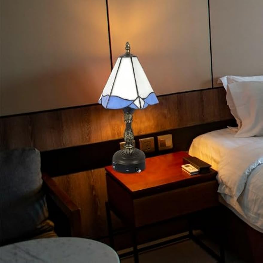 Kiven Cordless Table Lamp,1-Light Dimmable Bedside Lamps for Nightstand with Glass Lampshade, Cordless Tiffany Lamp for Reading Home Decor Bedside TD0915
