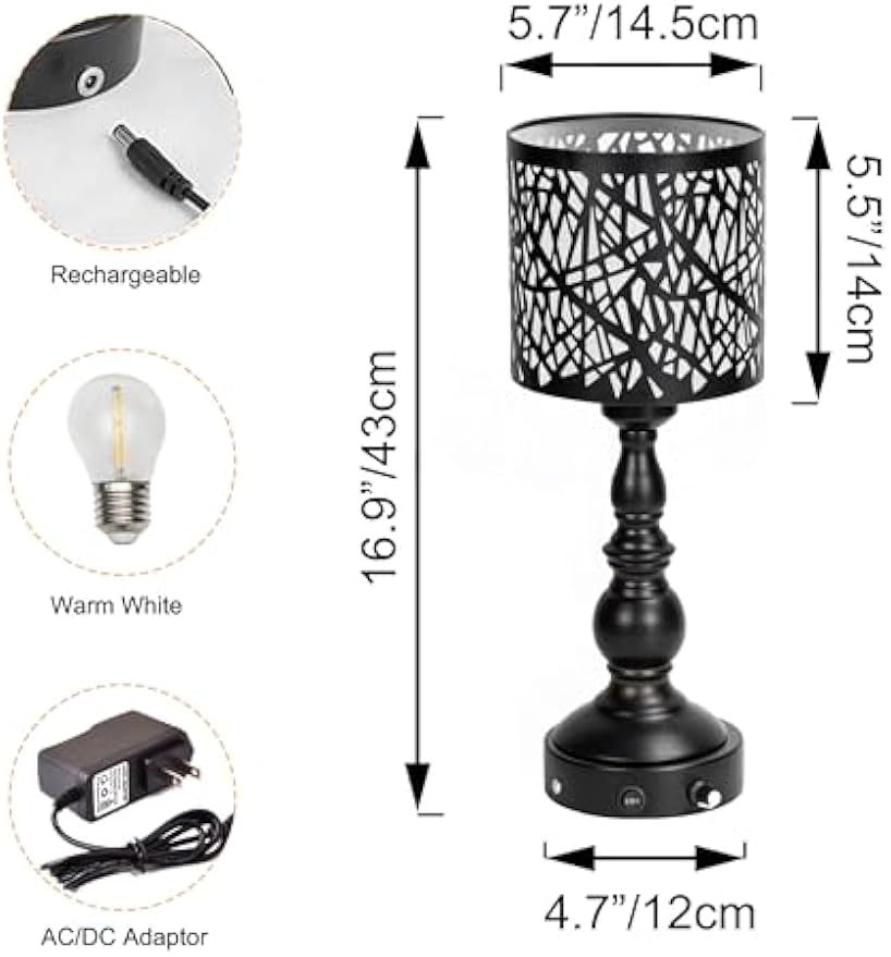 Kiven Cordless Table Lamp,Dimmable Rustic Farmhouse Bedside Desk Lamps with Metal Lampshade,2700K Warm White, Rechargeable Nightstand Lamp for Office Home Decor Bedside DZ0478