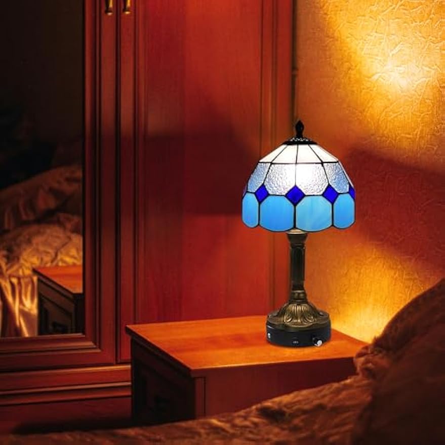 Kiven Cordless Table Lamp,1-Light Dimmable Bedside Lamps for Nightstand with Glass Lampshade, Cordless Tiffany Lamp for Reading Home Decor Bedside TD0893