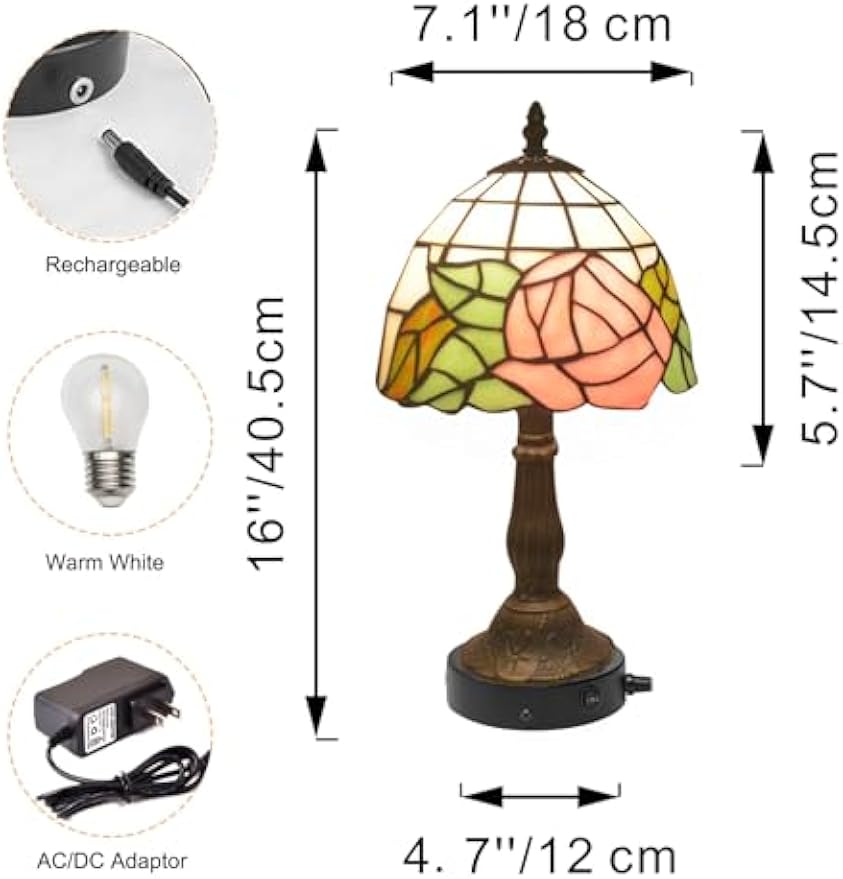 Kiven Cordless Table Lamp,1-Light Dimmable Bedside Lamps for Nightstand with Pink Glass Lampshade, Tiffany-Style Rechargeable Desk Lamp for Reading Home Decor Bedside TD0767