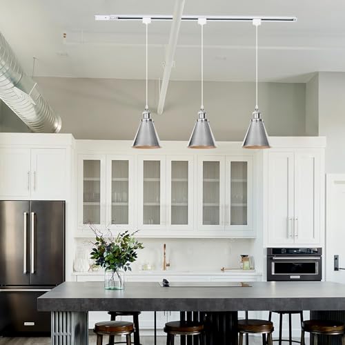 Kiven H-Type Track Lighting, 3-Light Modern Halo Track Pendant Light with Metal Lampshade,Dimmable H Track Light Pedant for Kitchen Island Home Cafe Bedroom, Cord Length 39.4",Silver Finish