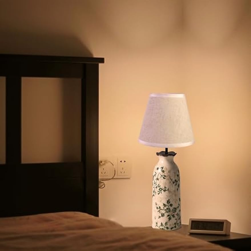 Kiven Cordless Table Lamp, Dimmable LED Vase Lamps with Fabric Lampshade, Classic Cottage Ambient Light, 1-Light Rechargeable Nightstand Lamp for Office Bookcase Bedside TD1005
