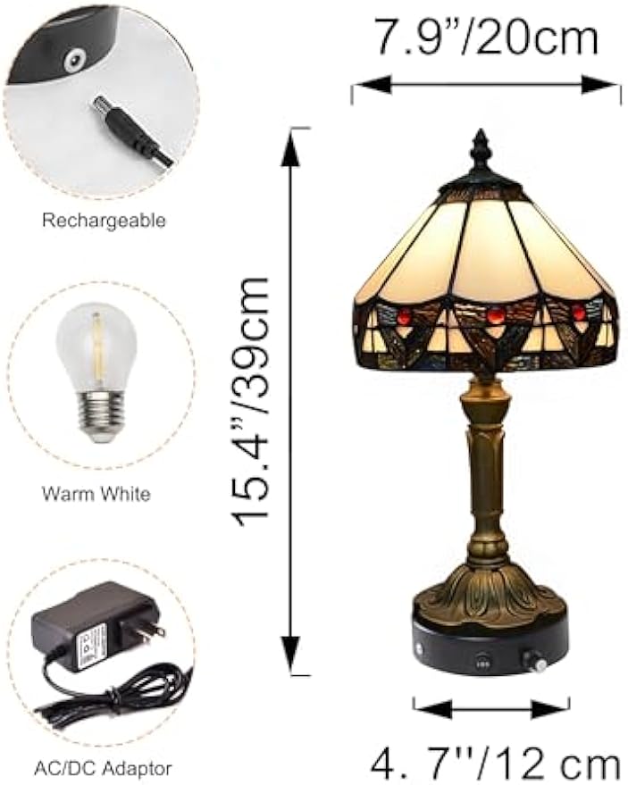 Kiven Cordless Table Lamp,1-Light Dimmable Bedside Lamps for Nightstand with Pink Glass Lampshade, Tiffany-Style Rechargeable Desk Lamp for Reading Home Decor Bedside TD0773