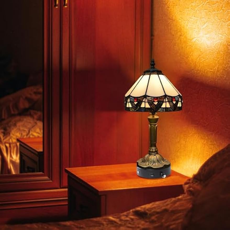 Kiven Cordless Table Lamp,1-Light Dimmable Bedside Lamps for Nightstand with Pink Glass Lampshade, Tiffany-Style Rechargeable Desk Lamp for Reading Home Decor Bedside TD0773