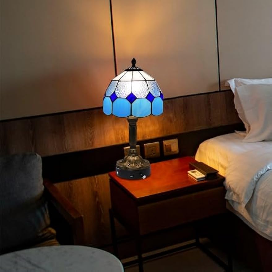 Kiven Cordless Table Lamp,1-Light Dimmable Bedside Lamps for Nightstand with Glass Lampshade, Cordless Tiffany Lamp for Reading Home Decor Bedside TD0893