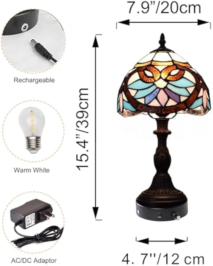 Kiven Cordless Table Lamp,1-Light Dimmable Bedside Lamps for Nightstand with Pink Glass Lampshade, Tiffany-Style Rechargeable Desk Lamp for Reading Home Decor Bedside TD0763