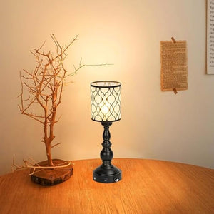 Kiven Cordless Table Lamp, black metal base and patterned lampshade, warm white glow, perfect for bedside or home decor