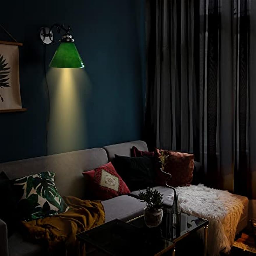Kiven Plug in Wall Lamp,Green Industrial Wall Sconce with Glass Lampshade, 5.9ft Plug-in Cord, On/Off Switch, 1-Light Dimmable Wall Lights Fixtures for Bedside Reading E26 Base