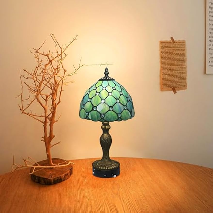 Kiven Cordless Table Lamp,1-Light Dimmable Bedside Lamps for Nightstand with Glass Lampshade, Cordless Tiffany Lamp for Reading Home Decor Bedside TD0901