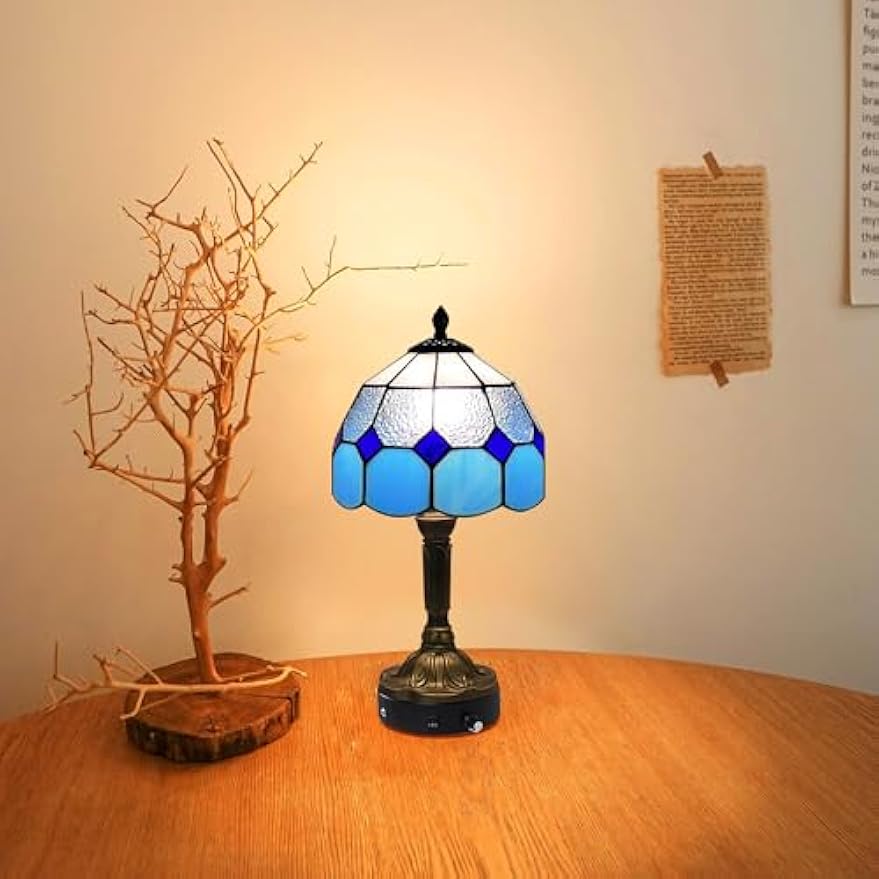 Kiven Cordless Table Lamp,1-Light Dimmable Bedside Lamps for Nightstand with Glass Lampshade, Cordless Tiffany Lamp for Reading Home Decor Bedside TD0893