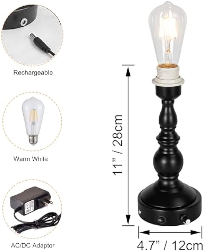 Kiven Cordless Table Lamp,Black Dimmable Rustic Farmhouse Bedside Desk Lamps,2700K Warm Black, 1-Light Rechargeable Nightstand Lamp for Office Home Decor Bedside B2CDTD3