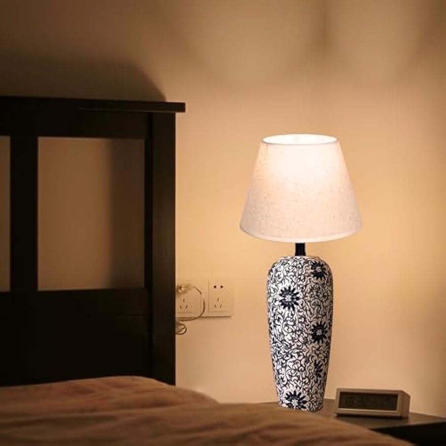 Kiven Cordless Table Lamp, Dimmable LED Vase Lamps with Fabric Lampshade, Classic Cottage Ambient Light, 1-Light Rechargeable Nightstand Lamp for Office Bookcase Bedside TD1013A