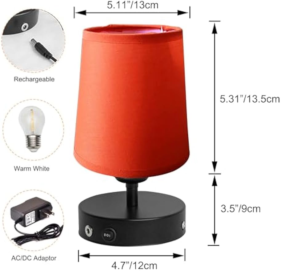 Kiven Cordless Table Lamp Indoor, Battery Operated Nightstand Lamp with Orange Fabric Lampshade, Rechargeable Modern Bedside Lamp for Restaurant Bedroom Kitchen Bars Shelf Home Decor, 2 Pack
