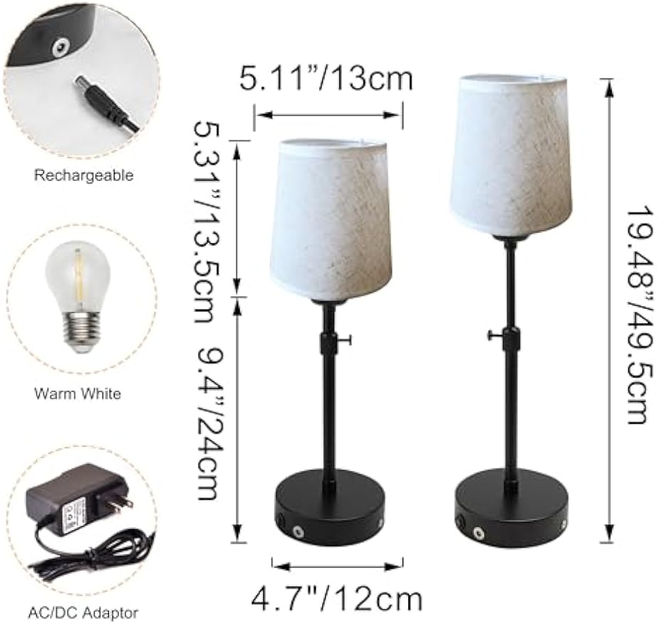 Kiven Cordless Table Lamp Indoor Adjustable Height, Battery Operated Nightstand Lamp with Fabric Lampshade, Rechargeable Modern Bedside Lamp for Restaurant Bedroom Kitchen Bars Shelf, 2 Pack