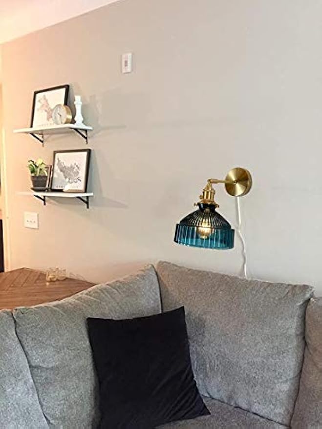 Kiven Nordic Creative Style Wall Sconces with 5.9Ft UL Plug-in Button Transparent Cord E26 Lamp Base Dark Green Lampshade Copper Base Wall Light Fixtures for Bedroom Dorm Hotel Bulb Not Included