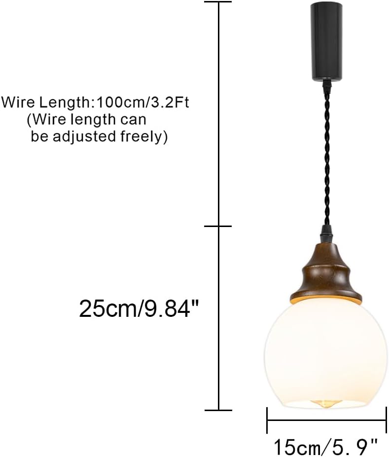 3.2ft Adjustable Cord H-Type Track Pendant Light E26 Walnut Base White Glass Ball Shade Dimmable Hanging Light Vintage Decor for Kitchen Home Office 1 Pcs(No Track)