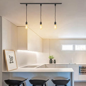 Kiven H-Type track light pendant with Edison bulbs, black finish and rope cord, ideal for modern kitchen and home decor.