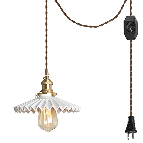 Swag Pendant Light with 15ft Plug-in UL Dimmable Cord Retro Ceramic Marble Shade Light Fixtures Nordic Decoratefor Hanging Ceiling Light for Dining Room Bulbs Not Included