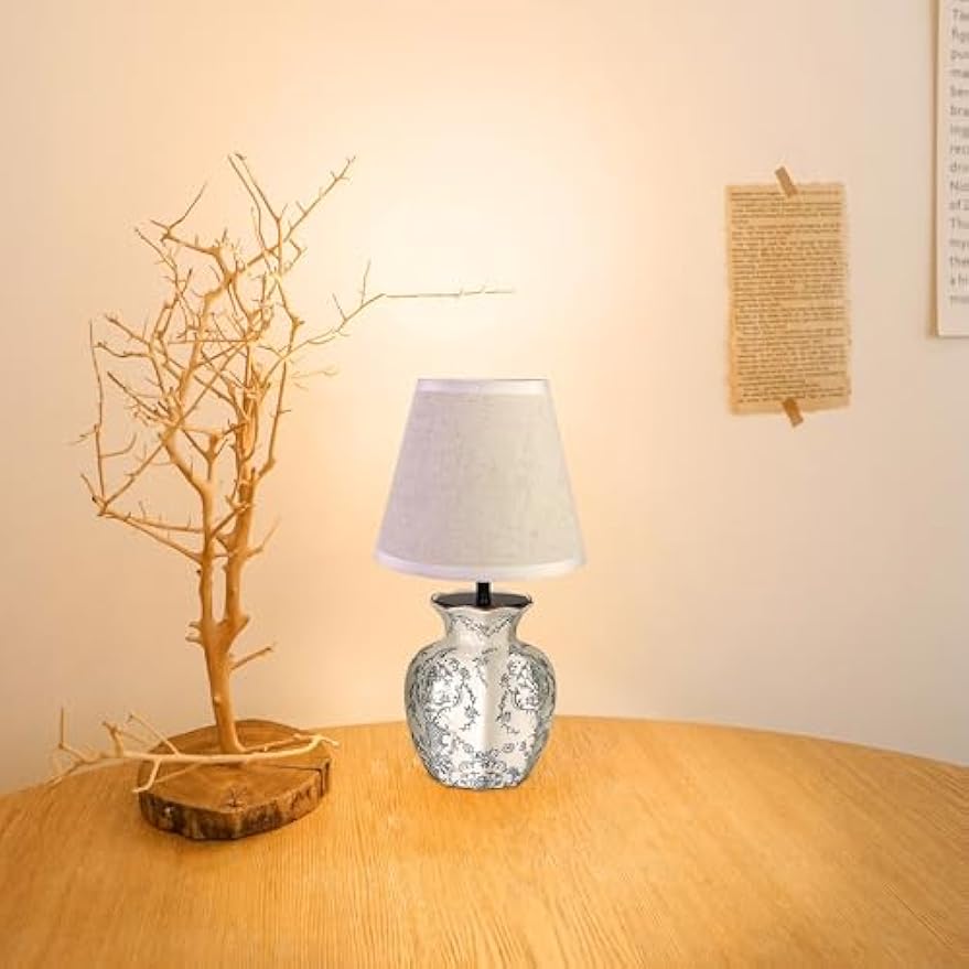 Kiven Cordless Table Lamp, Dimmable LED Vase Lamps with Fabric Lampshade, Classic Cottage Ambient Light, 1-Light Rechargeable Nightstand Lamp for Office Bookcase Bedside TD0989