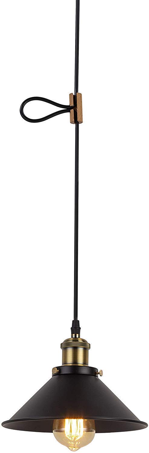 Black pendant light with wood cord length adjuster. Kiven Lighting product, ideal for shortening cords.