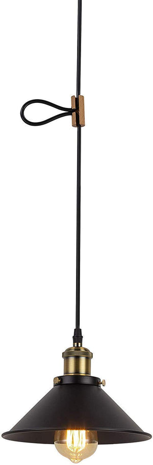 Black pendant light with wood cord length adjuster. Kiven Lighting product, ideal for shortening cords.