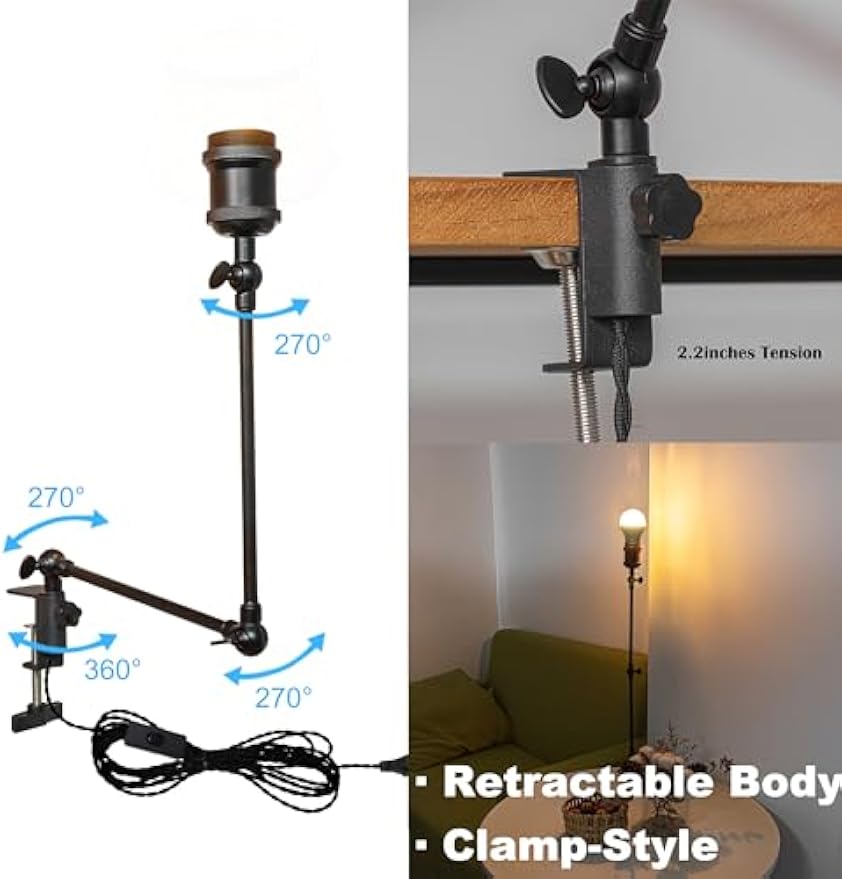 Kiven Plug-in Modern Clip-on Desk Lamp, 1-Light Nightstand Lamp with Flexible Arm, 8.2FT Plug in Cord, Dimmable Decorative Clamp Lamp for Office Home Decoration Bookshelf Bedside Black Finish