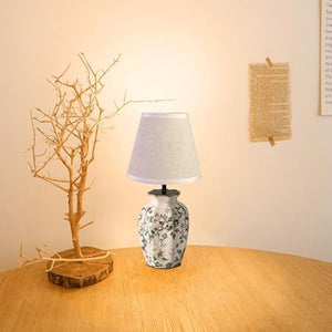 Kiven Cordless Table Lamp, fabric shade, floral vase, rechargeable bedside lamp. Ideal cottage lighting, dimmable LED.