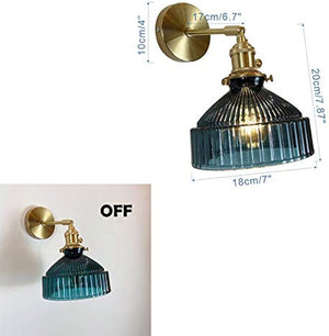 Kiven Nordic Wall Sconce, dark green glass shade, copper base; dimensions labeled: 18cm/7", 20cm/7.87", 17cm/6.7"; with OFF