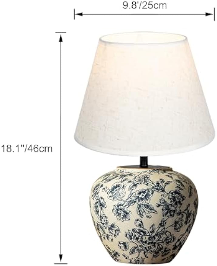 Kiven Cordless Table Lamp, Dimmable LED Vase Lamps with Fabric Lampshade, Classic Cottage Ambient Light, 1-Light Rechargeable Nightstand Lamp for Office Bookcase Bedside TD1011C