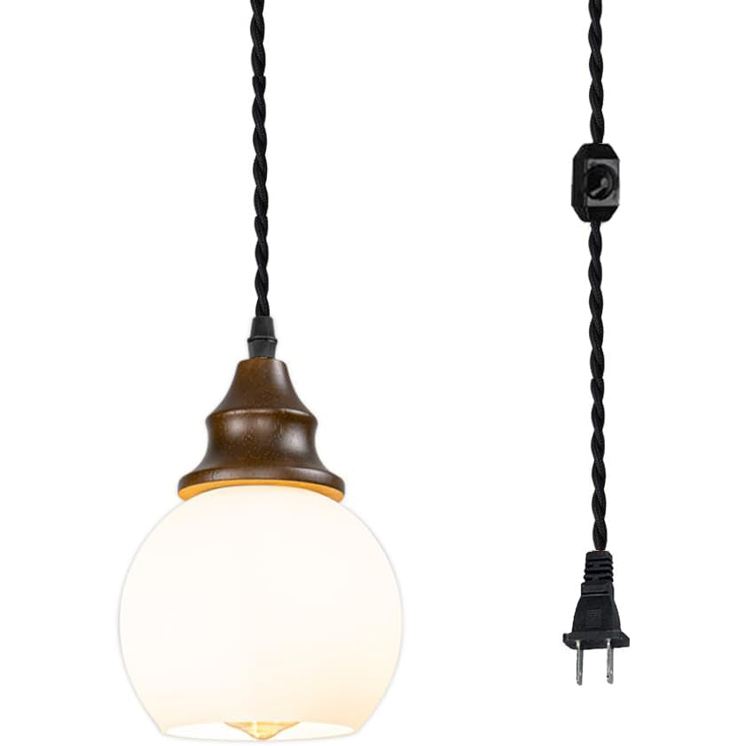 15ft Dimmable Cord Plug-in Pendant E26 Walnut Base White Glass Ball Shade Hanging Light Vintage Decor for Kitchen Home Office(No Bulb)