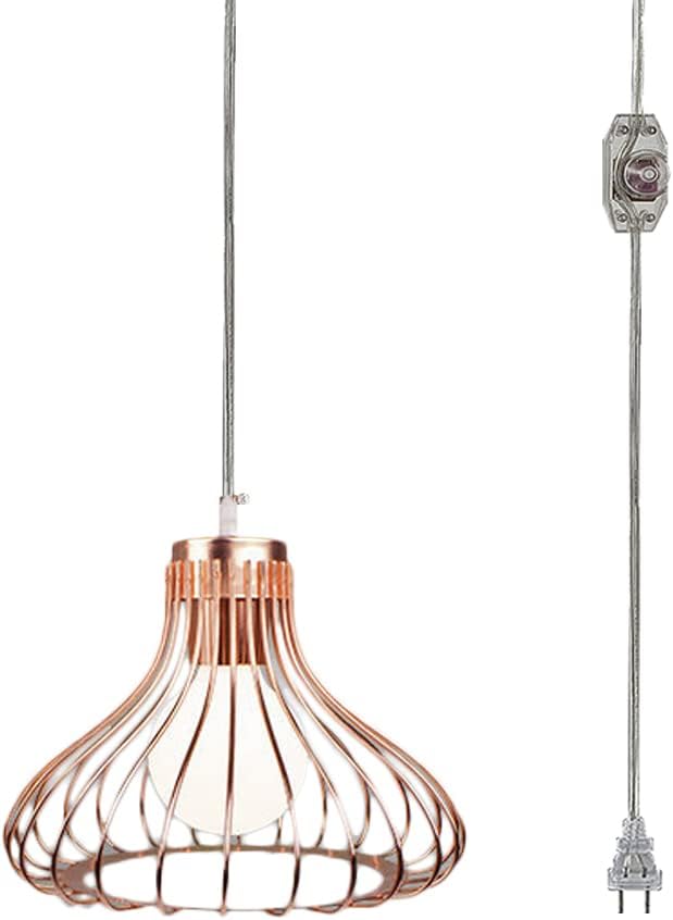 Kiven Dimmable Swag Rose Gold Pendant Light with Adjustable Height, 20ft Plug - In Cord, E26 Base, No Wiring Needed for Dining/Living Room