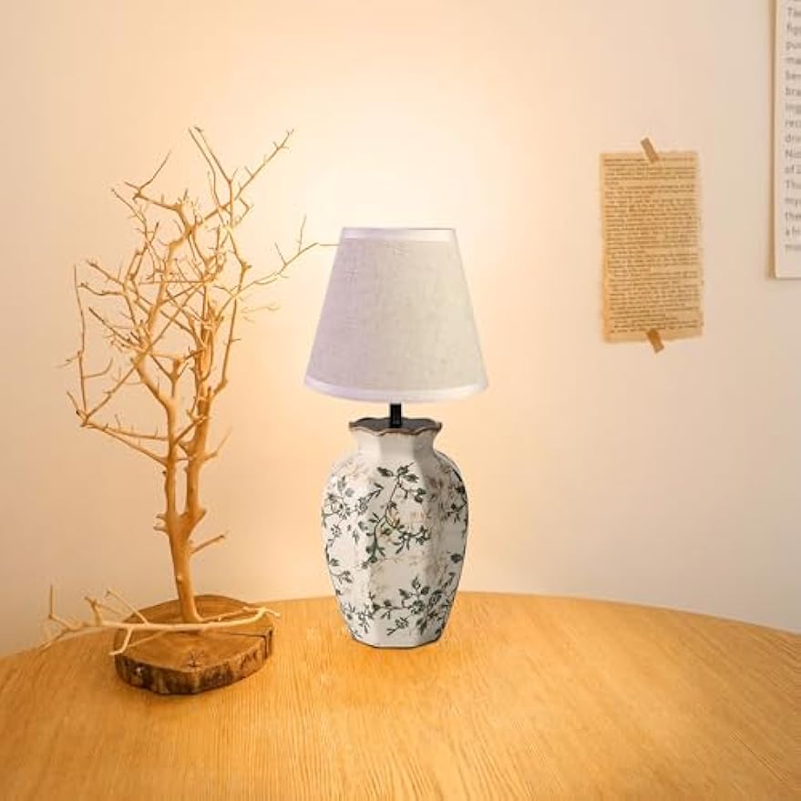Kiven Cordless Table Lamp, Dimmable LED Vase Lamps with Fabric Lampshade, Classic Cottage Ambient Light, 1-Light Rechargeable Nightstand Lamp for Office Bookcase Bedside TD0999