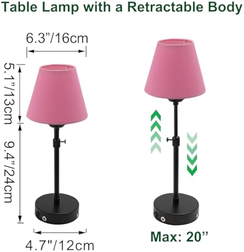 Kiven Cordless Table Lamp Indoor Adjustable Height, Battery Operated Nightstand Lamp with Red Fabric Lampshade, Rechargeable Modern Bedside Lamp for Kitchen Bars Bedroom Shelf Restaurant, 2 Pack