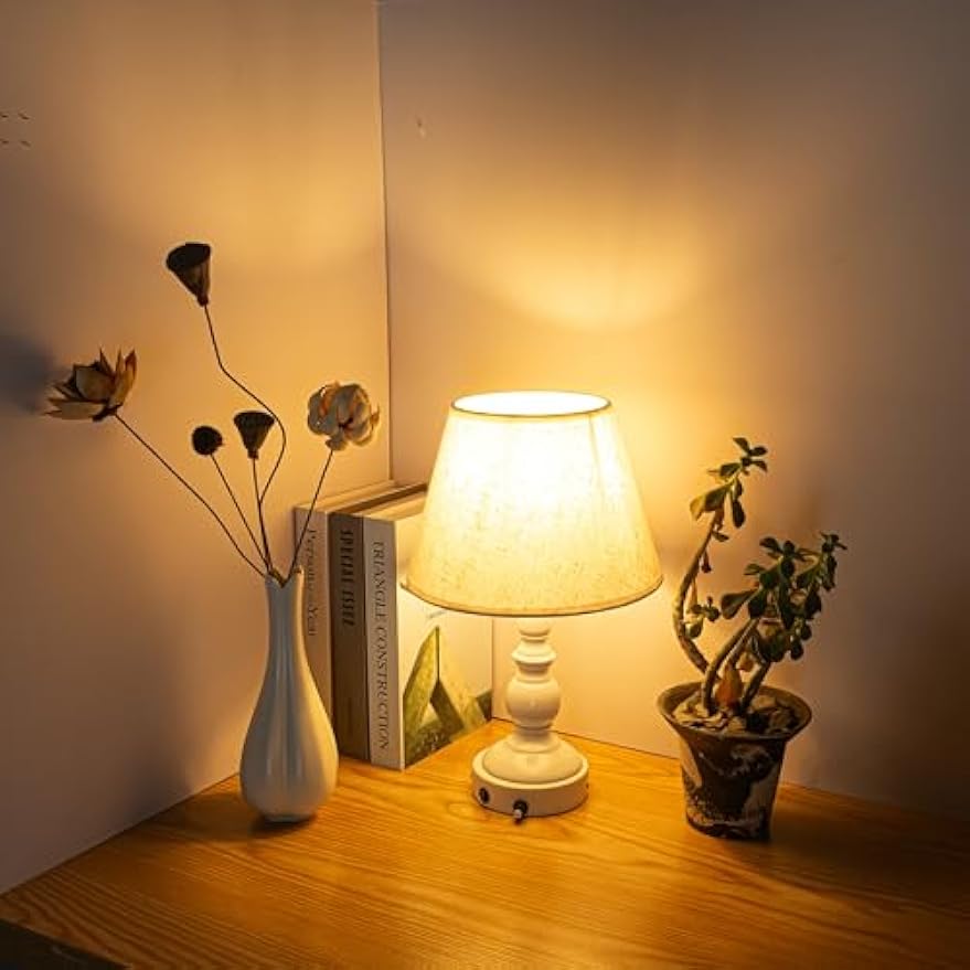 Kiven Cordless Table Lamp,White Dimmable Rustic Farmhouse Bedside Desk Lamps with Fabric Lampshade,2700K Warm White, 1-Light Rechargeable Nightstand Lamp for Office Home Decor Bedside B2CDTD3