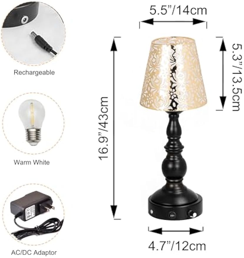 Kiven Cordless Table Lamp,Dimmable Rustic Farmhouse Bedside Desk Lamps with Metal Lampshade,2700K Warm White, Rechargeable Nightstand Lamp for Office Home Decor Bedside DZ0482