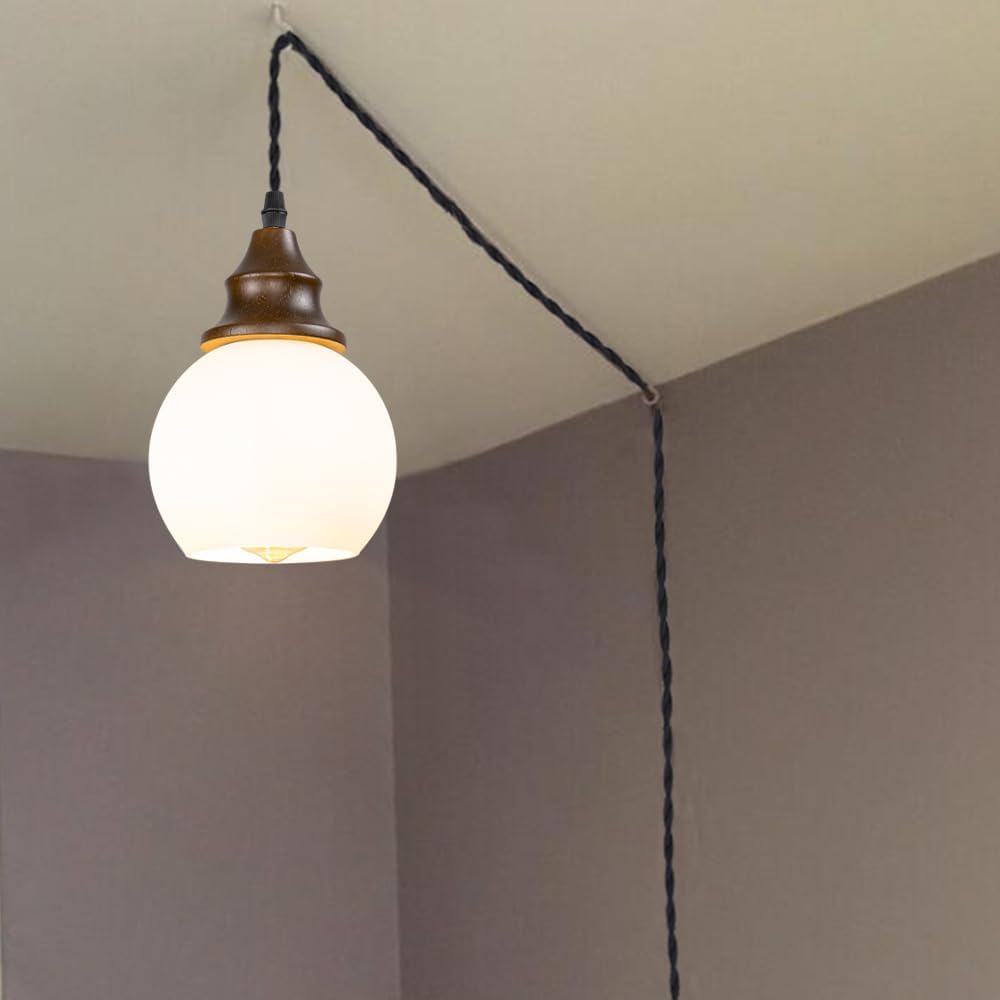 15ft Dimmable Cord Plug-in Pendant E26 Walnut Base White Glass Ball Shade Hanging Light Vintage Decor for Kitchen Home Office(No Bulb)