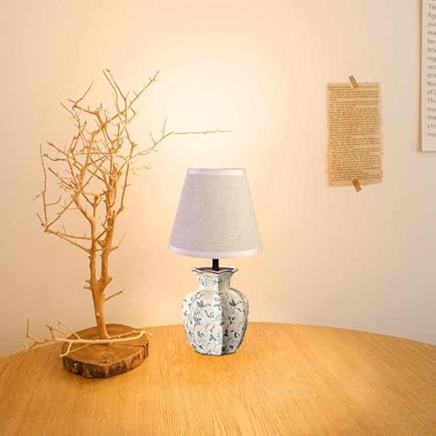 Kiven Cordless Table Lamp, Dimmable LED Vase Lamps with Fabric Lampshade, Classic Cottage Ambient Light, 1-Light Rechargeable Nightstand Lamp for Office Bookcase Bedside TD0991