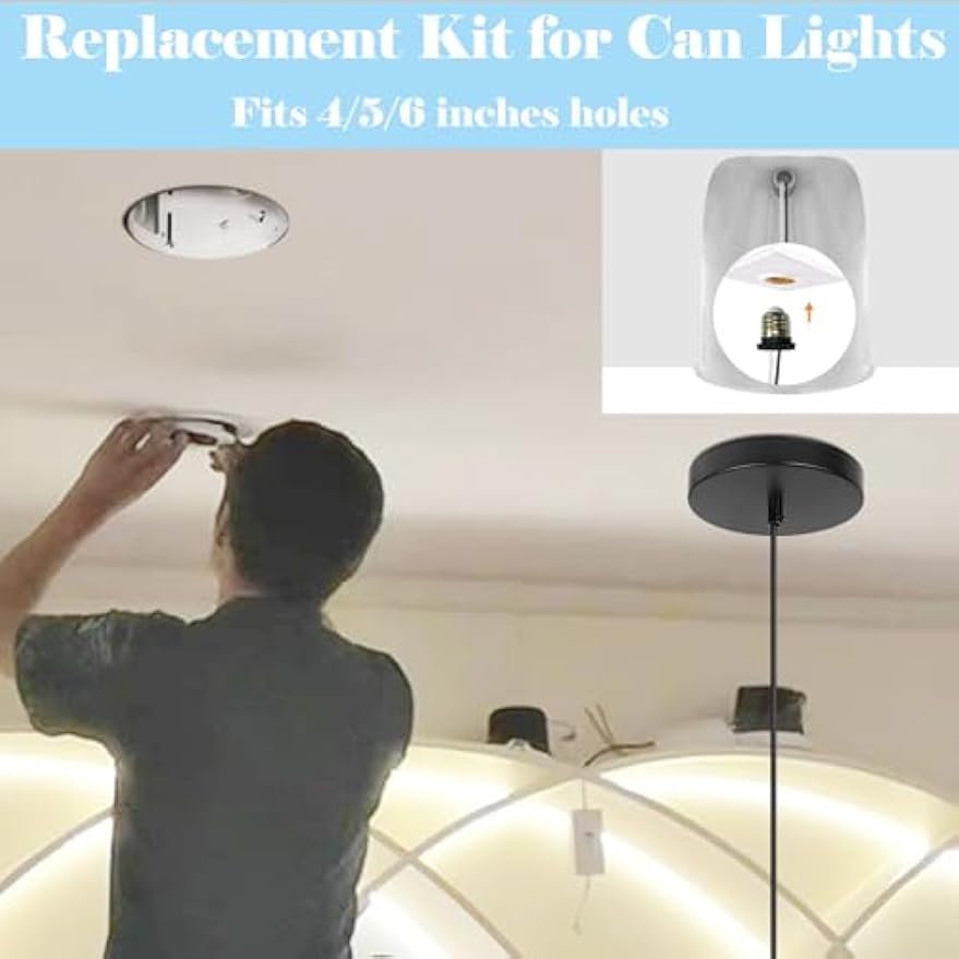 Installing Kiven Instant Light Conversion Kit for recessed lights. Black pendant with E26 adapter. Fits 4/5/6 inch holes.