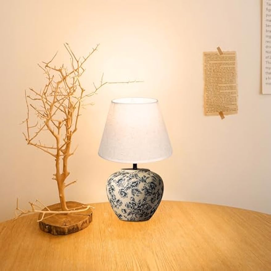 Kiven Cordless Table Lamp, Dimmable LED Vase Lamps with Fabric Lampshade, Classic Cottage Ambient Light, 1-Light Rechargeable Nightstand Lamp for Office Bookcase Bedside TD1011C
