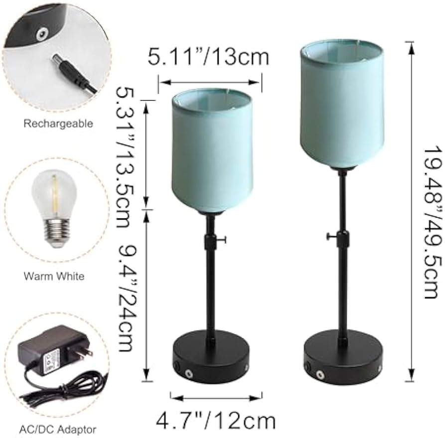 Kiven Cordless Table Lamp Indoor Adjustable Height, Battery Operated Nightstand Lamp with Light Blue Fabric Lampshade, Rechargeable Modern Bedside Lamp for Restaurant Bedroom Kitchen Shelf, 1 Pack